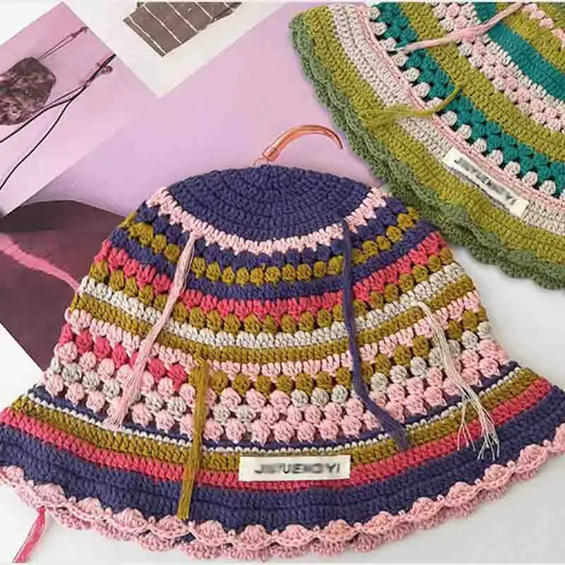 Nova Chegada Personalizado De Malha Colorido Listrado Pescador Chapéu Handmade Crochet Bucket Hat com Franja