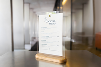 Tempat Menu Akrilik Custom dengan Stand Kayu Ash, Logo Terukir