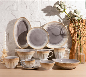 Customizable Vintage Grey Beige Gradient Ceramic <b>Dinner</b> <b>Set</b>, Embossed Stoneware Tableware, Bulk Wholesale Modern Kitchen Gift - Product Image 1