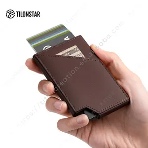 Factory Price Customized RFID Slim Pop Up Aluminum Man Leather Credit Card Holder With Money Pocket