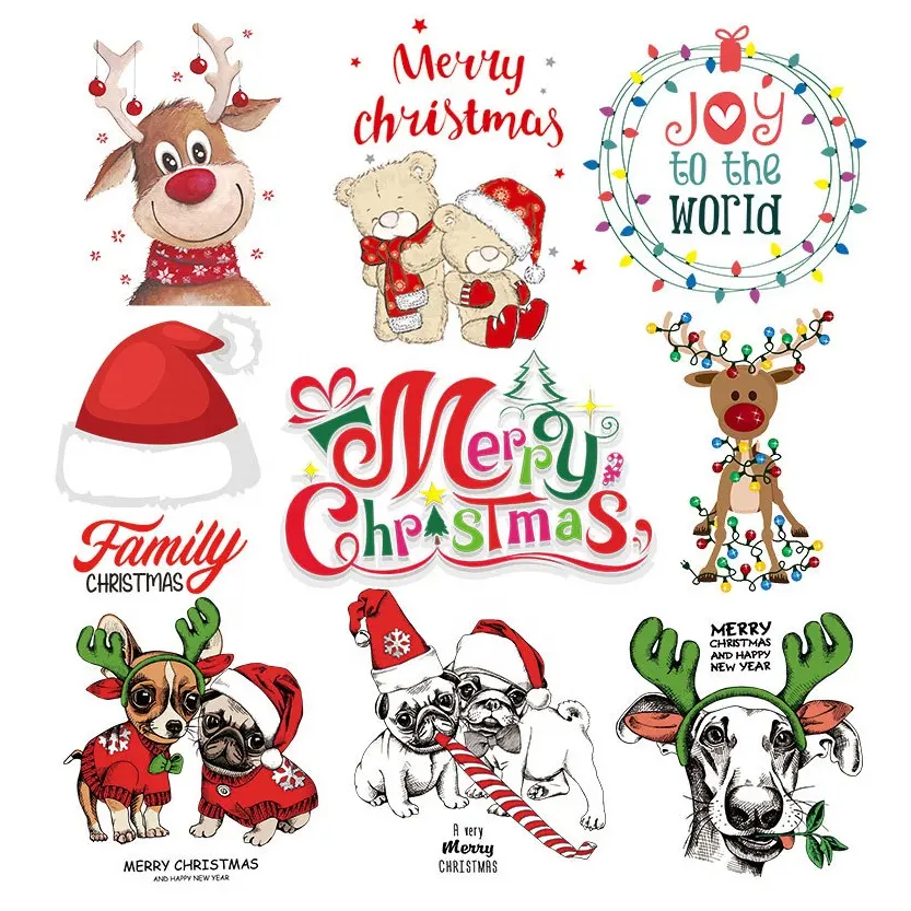 Vrolijk Kerstfeest Herten Warmteoverdracht Logo Ijzer Op Warmte Pers Stickers Transfer Printen