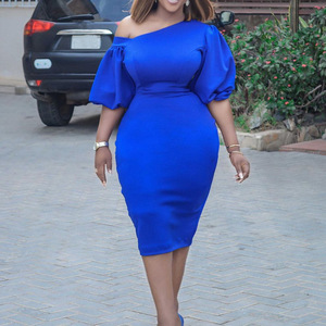 Robe élégante grande taille Tongle pour femme, nouvelle collection été 2024, couleur unie, épaule asymétrique, manches bouffantes, style <span class=keywords><strong>OL</strong></span>, D218 - Product Image 2