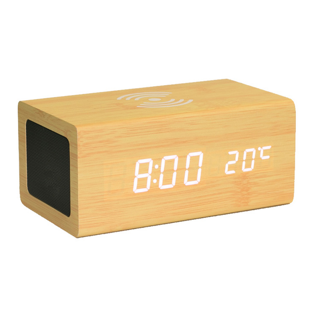 New Arrival  Wood Alarm Clock Wireless Charging Speaker Wooden Clock Wireless Charge Table & Desk Clock
