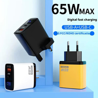 Chargeur mural GaN 65W en gros d'usine avec affichage numérique, 1 port USB-A et 1 port USB-C, adaptateur de charge rapide PD certifié CE FCC ROHS