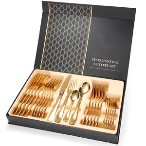 Jogo de talheres luxuosos modernos, inclui faca garfo colher prata 24 peças de aço inoxidável dourado para cozinha de casamento