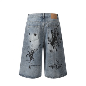 STARLIGHT Short en jean imprimé style hip-pop pour hommes bonne qualité bleu lavé aux enzymes lavage à l'eau de Javel sérigraphie Jorts pour hommes - Product Image 6