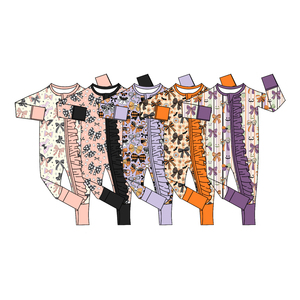 Précommande Combinaison-pyjama personnalisée OEM pour bébés filles, à manches longues, douce et extensible, avec nœuds papillon et volants, zippée, pour l'automne - Product Image 1