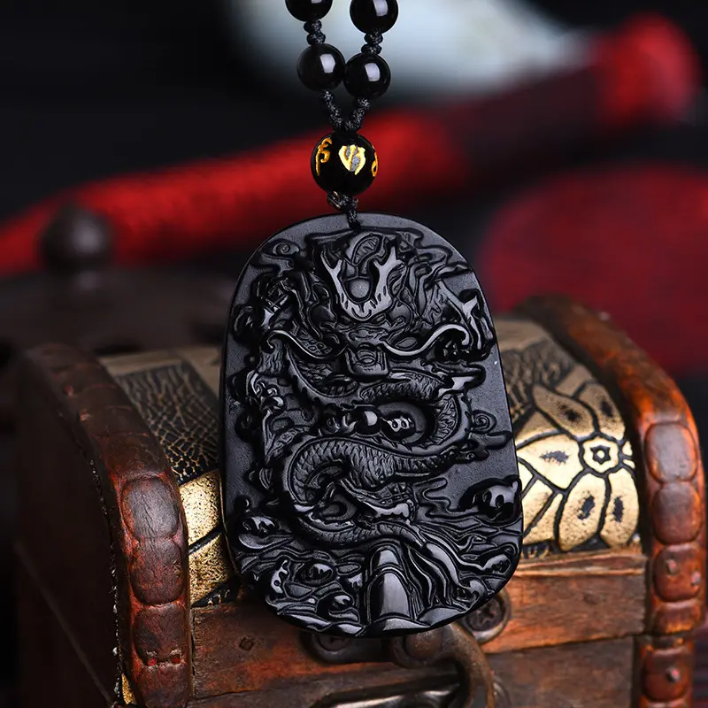 Offre Spéciale tête de loup Ruyi éléphant bouddha perles pierre noir potins pendentif obsidienne Dragon collier bijoux pour hommes