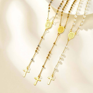 Collares Religiosos de Acero Inoxidable con Cuentas, Collar de Rosario con Cruz de Oro Sólido de 14k y 18k para Mujer - Product Image 3