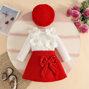 Winter Autumn <strong>Baby</strong> <strong>Girl</strong> Flower Clothes Set 0-3y <strong>Baby</strong> <strong>Christmas</strong> Red Shirt Skirt Hat 3pcs <strong>Outfit</strong> - Product Image 2