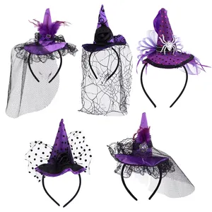 Halloween Headband Ladies Girls Purple Witch Headdress Floral Hair Band Party Cosplay Hair Accessories Cosplay Outfit