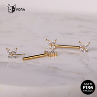 En stock : Piercing de nombril en Titane ASTM F136, finition Or PVD, Zircon Cubique, 16G, sans filetage, à poussoir, motif papillon, minimaliste, bord lisse