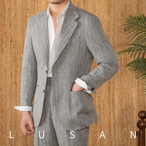 Costume d'affaires rétro slim pour homme style italien décontracté demi-doublé trois fins coton lin fermeture simple boutonnage plat - Product Image 4
