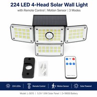 Lampe solaire à détecteur de mouvement à 224 LED, télécommandée, design à 4 feuilles, lampe murale de sécurité résistante aux intempéries, haute efficacité pour les chemins