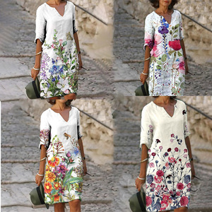 Nuevo Vestido de Verano con Estampado de Hojas y Flores, Cuello en V, Manga Corta, Holgado - Product Image 2