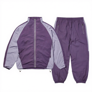 <b>Men's</b> <b>Purple</b> Color Blocking Track <b>Suit</b> Set Stand Collar Zipper Jacket and Pants Breathable Polyester Autumn Wear Windbreaker - Product Image 1