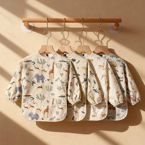 ผ้ากันเปื้อนเด็กพิมพ์ลายการ์ตูนแขนยาวสำหรับเด็กทารกชายและหญิง ผ้ากันเปื้อนเด็กแสนสบายพร้อมกระดุมปิดสำหรับการให้อาหาร - Product Image 1