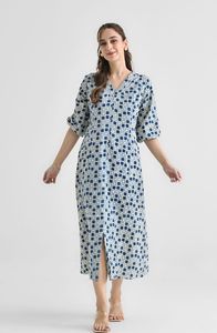 ชุดเดรสผ้าคอตตอนพิมพ์ลายแขนยาวคอวีมีกระเป๋าสำหรับผู้หญิง - Product Image 2