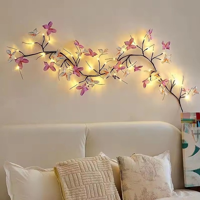 LED Butterfly Rattan Lamp, Branch Simulation Interior Decoration Romantic Atmosphere Lamp, Bedroom Wall Modeling Lamp