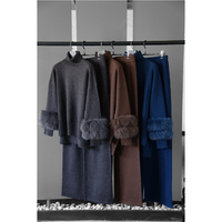 Ensemble 2 pièces en laine mélangée décontractée pour femmes, pull à col roulé tendance, ensemble tricoté avec poignets en fourrure de renard, pantalon large pour femmes