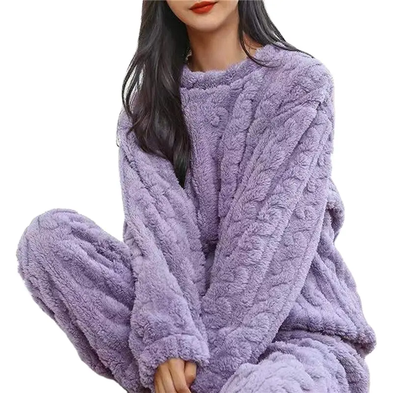 Outono Inverno Quente Flanela Mulheres Pijamas Define Grosso Coral Veludo Manga Longa Dos Desenhos Animados Sleepwear Flanela Fina Pijama Set