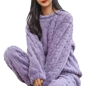 Conjuntos de pijamas de franela cálidos de otoño e invierno para mujer, ropa de dormir de dibujos animados de manga larga de terciopelo Coral grueso, conjunto de pijamas de franela fina