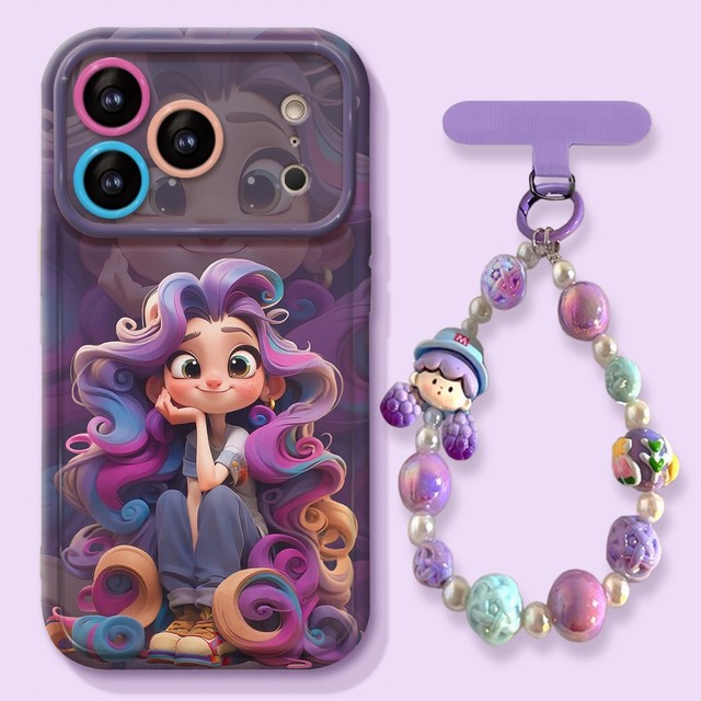 Purple-haired princess pendant chain for Apple 17 cute phone cases, iPhone 15 new silicone 16 high-end appearance level girl