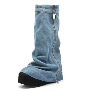 Denim Metallic Lock Shark Wedge <b>Boots</b> Cowgirls Zipper Thick Soles Half Knee High Booties Women Round Toe Zipper Flat Shoes - Product Image 2