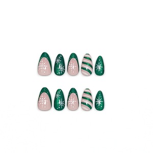 Faux ongles à presser vertes œil de chat français, motif amande, flocon de neige, pour Noël, vente en gros - Product Image 5