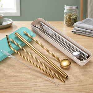 Metal <b>Drinking</b> <b>Straws</b> Set 5Pcs Reusable Cocktail Bar Accessories Minimalist Style Gold Tone - Product Image 4
