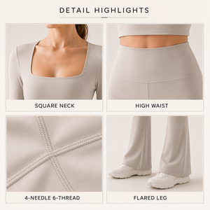 Set Yoga Personalizzato con Logo OEM, Maniche Lunghe, Collo Quadrato, Vita Alta, <span class=keywords><strong>Leggings</strong></span> a Zampa Elasticizzati in <span class=keywords><strong>4</strong></span> Direzioni, Completo Sportivo da <span class=keywords><strong>Donna</strong></span> in 2 Pezzi - Product Image 2