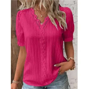 2023 Summer Women Casual Shirt New Vacation Fashion Blouses and Tops Hollow Short Sleeve Women's V Neck Lace Trim Shirt Top