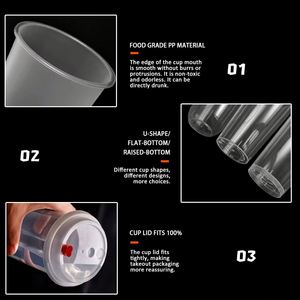 Gobelets en plastique jetables transparents en PP avec logo personnalisé estampé or, couvercles de 90 mm, capacité de 600 ml, pour fêtes, bubble tea, jus et boissons avec pailles - Product Image 4