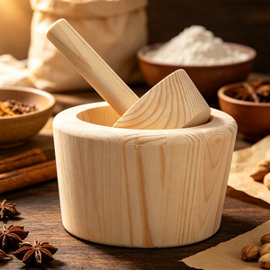 Juego de <span class=keywords><strong>Mortero</strong></span> y Maja de Madera Natural, Molinillo de Especias, Triturador de Ajo y Hierbas, Utensilio de Cocina, Venta al por Mayor Directo de Fábrica - Product Image 4