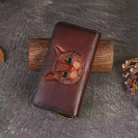 Dompet Fashion Portabel Mewah Unisex Kulit Asli Motif Hewan Desain Kucing Penutup Ritsleting Tempat Kartu Multi-Slot