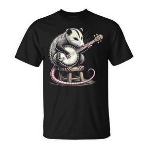 Camiseta Opossum Playing Banjo para adultos, unisex, negra, con cuello redondo, manga corta, impresión digital, diseño de animales musicales - Product Image 2