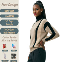 Maglione da Donna a Collo Alto con Motivo Geometrico a Righe Verticali e Blocchi di Colore, Vestibilità Ampia, Pullover Lavorato a Maglia con Strisce a Contrasto
