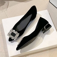 Chaussures de mariée élégantes pour femmes, style français, en daim, à bout pointu, à talon carré, avec strass, à enfiler, couleur unie