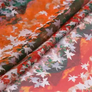 Soft Red Maple Leaves Pattern Printed 100% Pure Silk Chiffon Fabric for Girl Holiday Dress