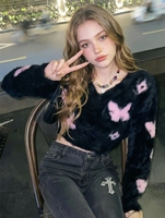 Schwarzer flauschiger Pullover mit Schmetterlingsdruck und V-Ausschnitt |   Weiches Mohair-Crop-Top - Süße & Ausgefallene Strickware für Damen, Perfekt für Herbst-Layering