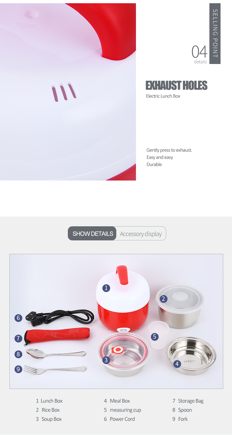 Electric Lunch Box Portable 304 Stainless Steel Heated Meal Warmer Food Container Travel Rice Cooker Tableware Set