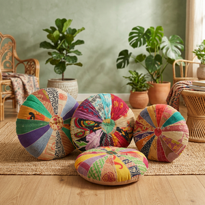 Nouveau Vintage Kantha Design coton Kantha taie d'oreiller circulaire intérieur coussin de méditation pour la maison hôtel utiliser des techniques non tissées - Product Image 2