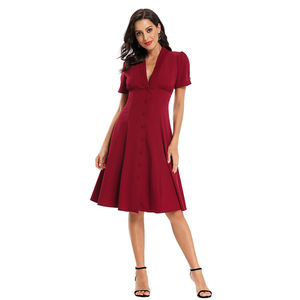 Robe de soirée élégante pour femmes robe sexy col en V à manches courtes simple boutonnage robe vintage trapèze robe décontractée de bureau pour femme robe solide - Product Image 4