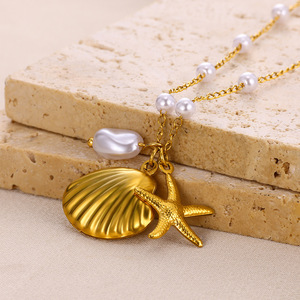Venta al por mayor serie Ocean impermeable de acero inoxidable 18K chapado en oro joyería playa estrella de mar Shell colgante collar para mujer - Product Image 3