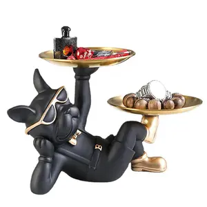 Personnalisé Cool Bouledogue Français avec Plateau résine animal Statue Boîte De Rangement Résine ours sculpture Figurine Maison table Décor Cadeau