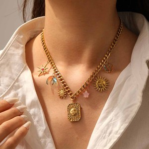 Ensemble collier et bracelet en acier inoxydable plaqué or 18 carats, sans ternissement, avec pendentif soleil, lune et étoile, pour femmes, bijoux imperméables - Product Image 2