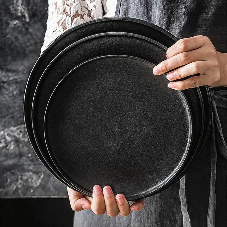 Pratos de cozinha para restaurante, conjunto de louças pretas foscas para jantar de cerâmica, pratos de servir