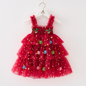 Vestido de Princesa sin Mangas con Malla y Estampado de Estrellas para Niñas, Vestido de Fiesta con Lazo Decorativo para Navidad - Product Image 6
