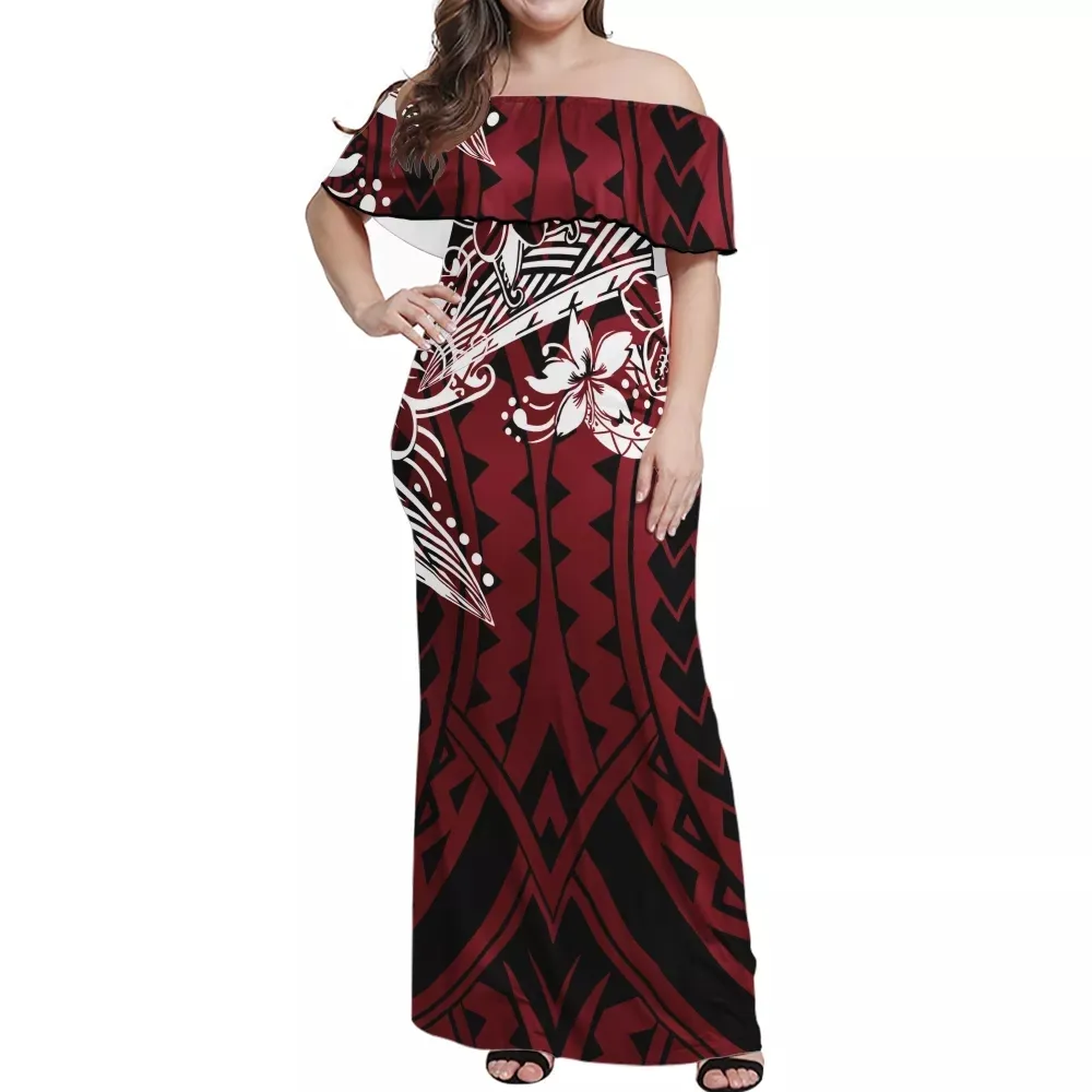 Casual Polynesian Hawaii Evening Dress Patterns Custom Elegant Women's Plus Size Ruffle Clothing Red One Shoulder Cocktail Dress