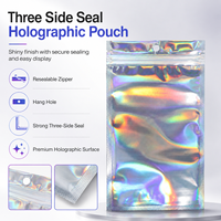 Sac refermable holographique avec logo personnalisé, fermeture éclair, trou de suspension, pochette plate irisée pour emballage de bijoux, cosmétiques et en-cas